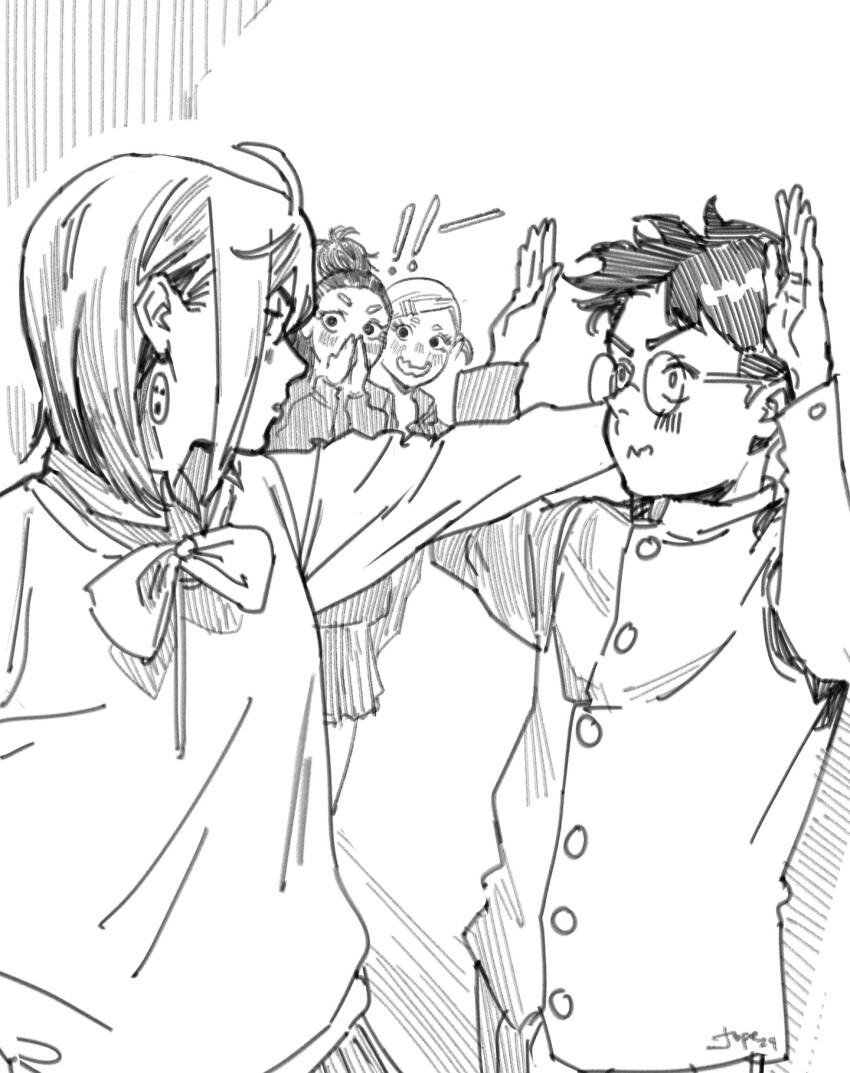 ! !! 1boy 3girls :s ayase_momo beehive_hairdo bow bowtie commentary commission covering_own_mouth dandadan english_commentary from_side gakuran glasses greyscale hand_on_wall hands_up highres jope0o kabedon long_sleeves miko_(dandadan) monochrome muko_(dandadan) multiple_girls pendant_earring pleated_skirt round_eyewear school_uniform short_hair short_twintails signature sketch skirt sweater takakura_ken_(dandadan) twintails