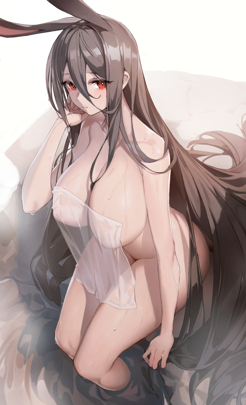 1girl absurdres animal_ears bath bathing blush breasts brown_hair closed_mouth collarbone covering_privates from_above hair_between_eyes highres impossible_towel large_breasts long_hair looking_at_viewer looking_up ludaf mole mole_under_eye naked_towel nude_cover onsen original rabbit_ears red_eyes revision see-through_clothes sitting soaking_feet solo towel very_long_hair water wet wet_towel