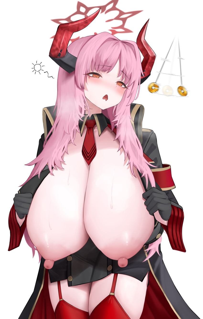 1girl @_@ absurdres black_coat black_collar black_dress black_gloves black_horns blue_archive blush breasts breasts_out cleavage clothing_aside coat coin coin_on_string collar commentary_request demon_horns detached_collar dress dress_aside drooling gloves hair_intakes halo highres holed_coin horns huge_breasts hypnosis kogane_mokon lifting_own_clothes long_hair mind_control motion_blur motion_lines necktie nipples open_mouth pendulum pink_hair red_eyes red_garter_straps red_halo red_horns red_necktie red_thighhighs red_wrist_cuffs sagging_breasts satsuki_(blue_archive) shiny_skin simple_background solo sweat thighhighs thighs white_background wrist_cuffs