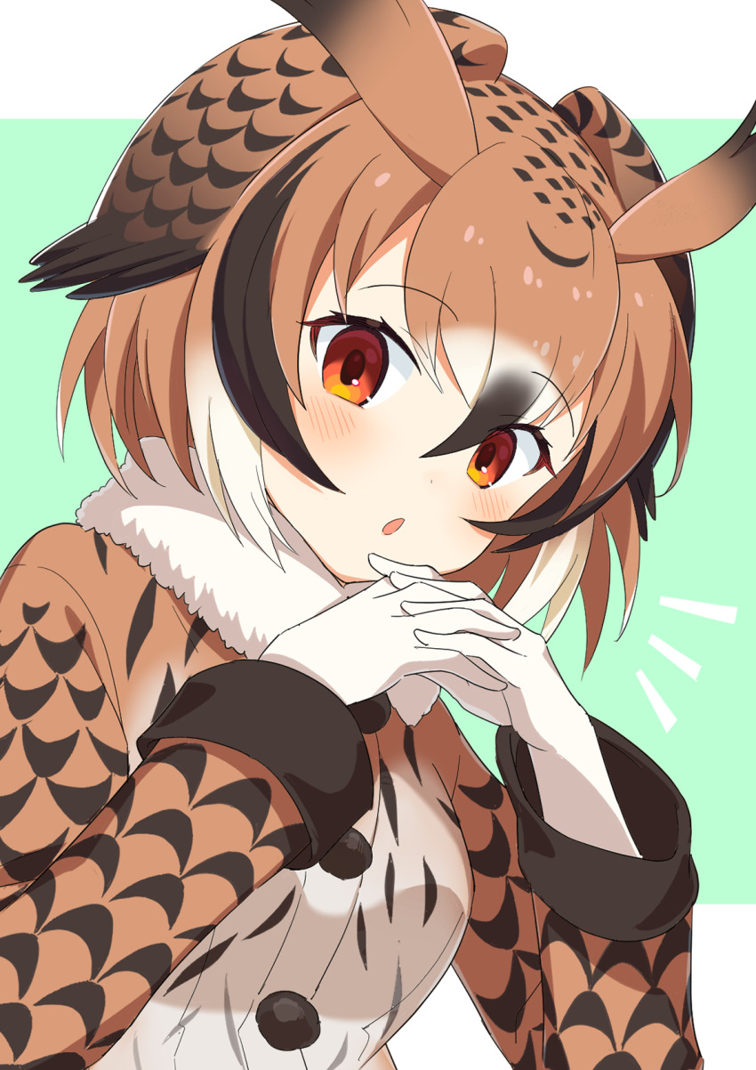 1girl brown_coat brown_eyes brown_hair coat commentary eurasian_eagle_owl_(kemono_friends) fur_collar gloves head_wings highres interlocked_fingers kamuraaa_615 kemono_friends long_sleeves looking_at_viewer multicolored_hair notice_lines open_mouth own_hands_together short_hair solo upper_body white_gloves white_hair wings