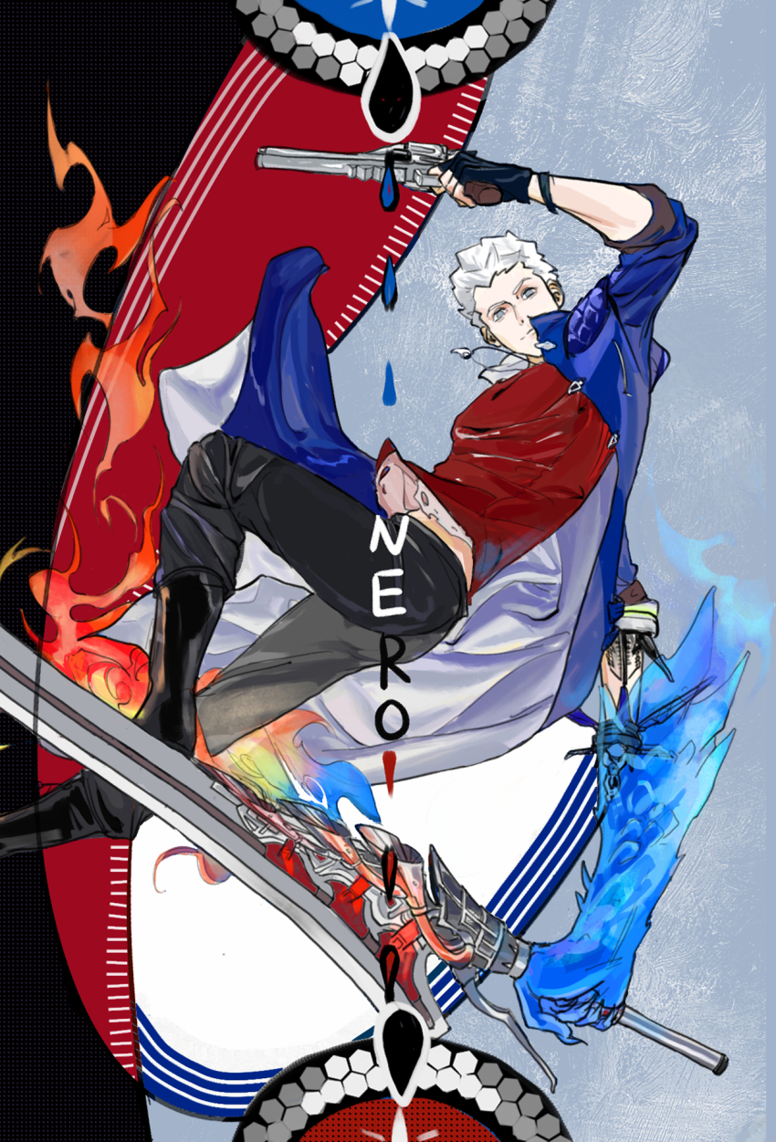 1boy blue_coat blue_eyes coat devil_may_cry_(series) devil_may_cry_5 fingerless_gloves gloves highres holding looking_at_viewer nero_(devil_may_cry) pppppcyyyy shining solo weapon white_hair