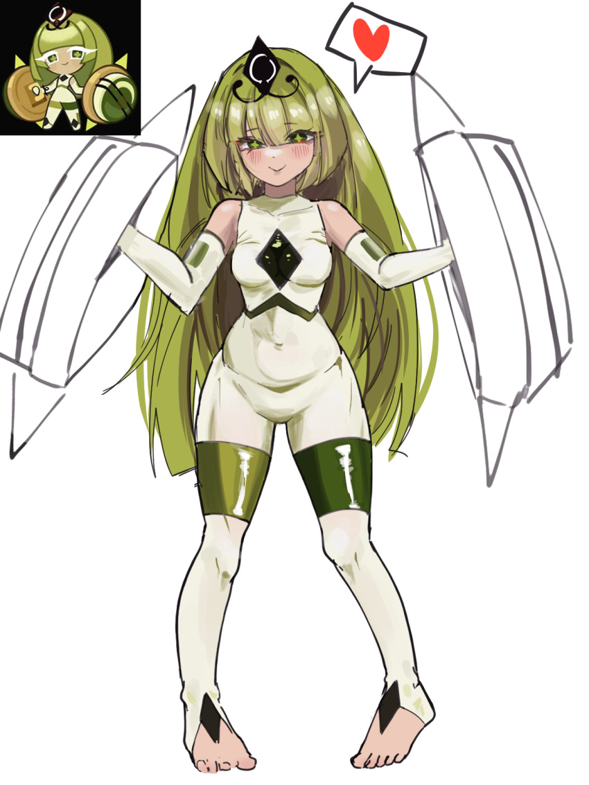 1girl barefoot bodysuit breasts reference_sheet cookie_run cookie_run:_kingdom green_eyes green_hair green_tea_mousse_cookie gutan_(gugangtan) hair_ornament heart highres hime_cut humanization long_hair looking_at_viewer personification smile solo speech_bubble straight_hair white_bodysuit