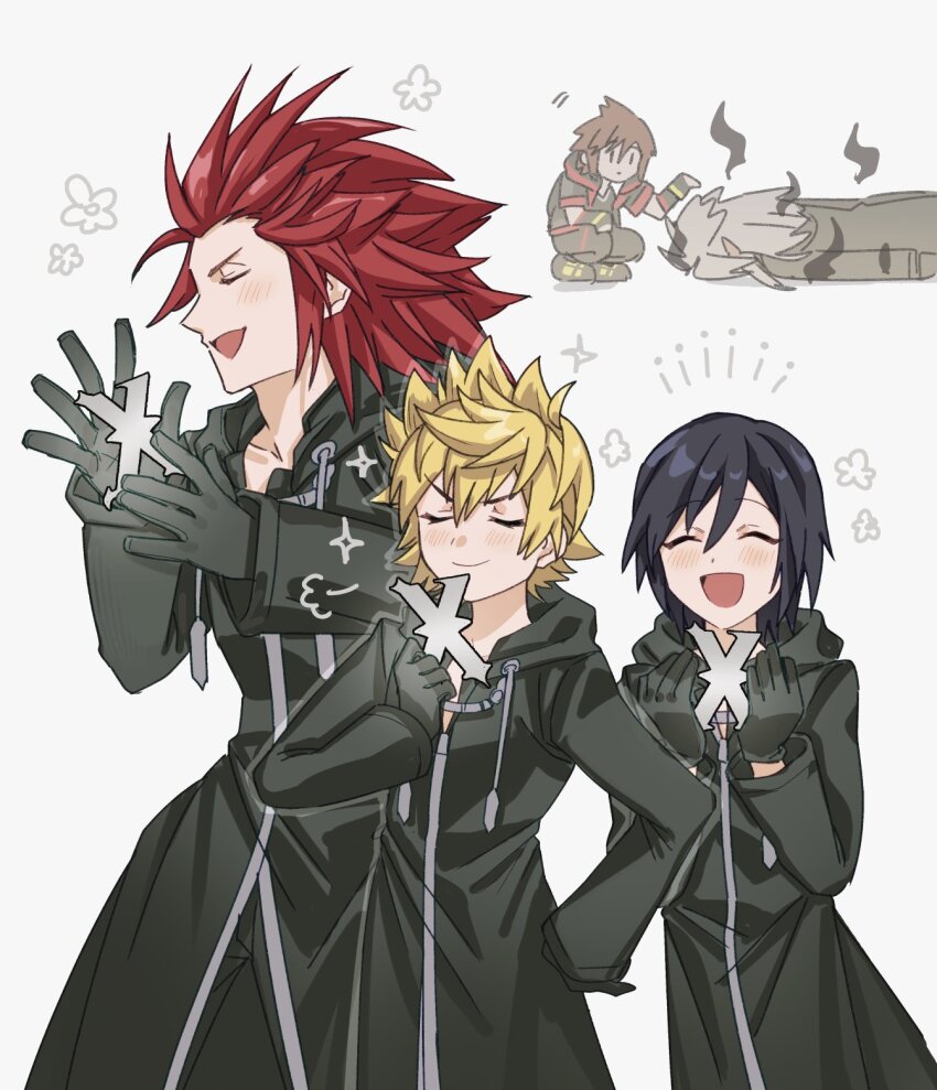 1girl 4boys axel_(kingdom_hearts) black_coat_(kingdom_hearts) black_gloves black_hair blonde_hair brown_hair commentary_request dark-skinned_male dark_skin gloves grey_hair hand_on_own_hip highres keiseki1 kingdom_hearts kingdom_hearts_iii multiple_boys open_mouth pointy_ears red_hair roxas short_hair smile sora_(kingdom_hearts) spiked_hair terra-xehanort xion_(kingdom_hearts)