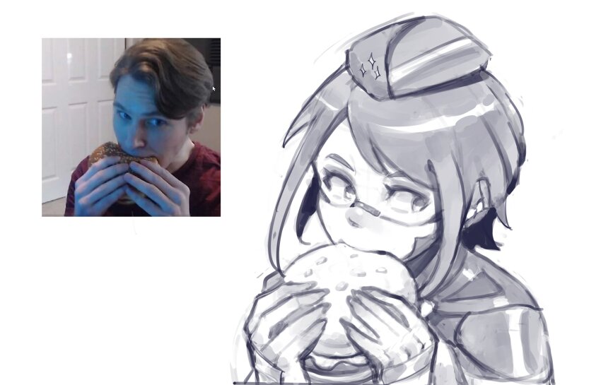 1girl android burger decayedparasite eating eule_(signalis) food hands_up hat highres holding holding_food jerma985_(person) jerma985_eating_a_whopper_(meme) looking_to_the_side meme metal_skin monochrome photo-referenced photo_inset portrait reference_inset short_hair sideways_glance signalis simple_background swept_bangs white_background