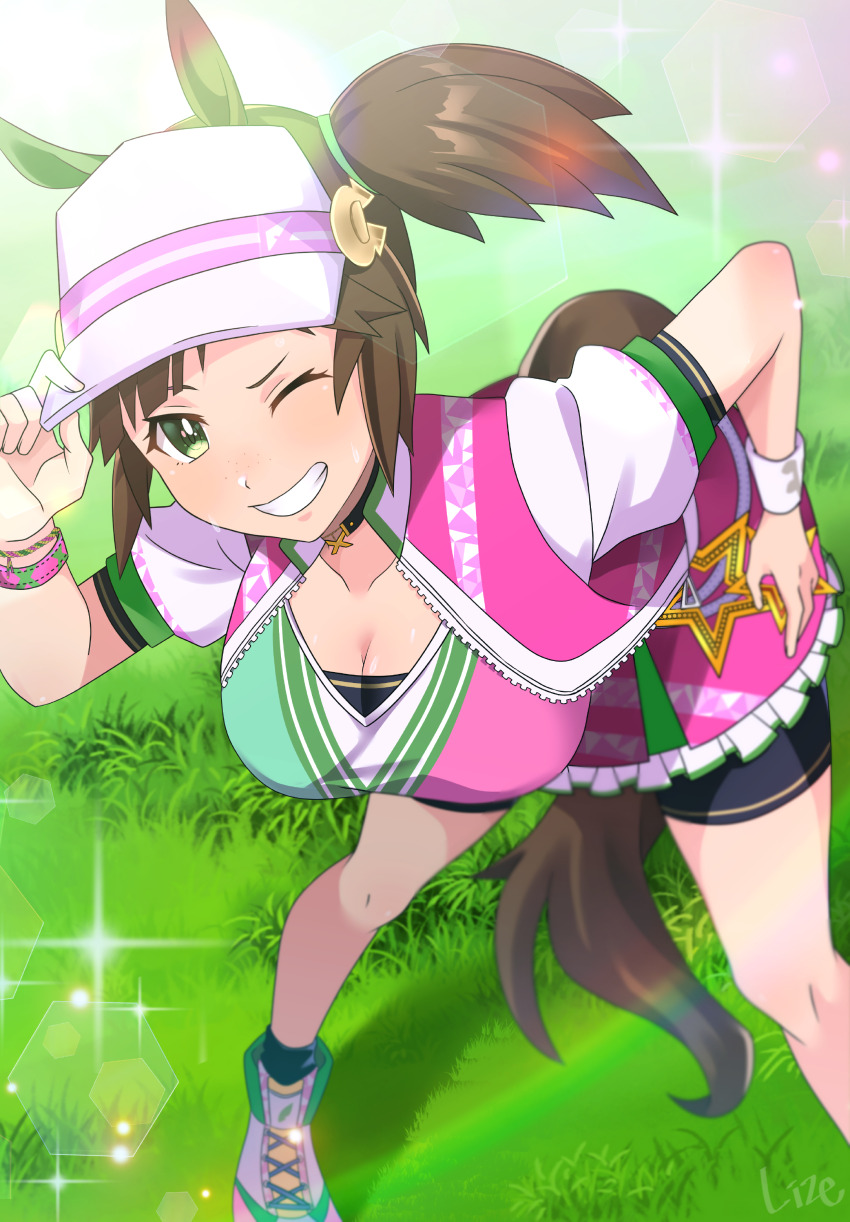 1girl absurdres animal_ears ankle_socks belt bike_shorts black_socks blunt_bangs blush breasts brown_hair cleavage collarbone colored_shadow crop_top cropped_jacket dated drop_shadow ear_covers foot_out_of_frame freckles full_body green_eyes grin hand_on_own_hip hand_up hat highres horse_ears horse_girl horse_tail ines_fujin_(umamusume) jacket large_breasts lize looking_at_viewer medium_hair midriff navel one_eye_closed open_clothes open_jacket pink_footwear pink_skirt pleated_skirt shadow shoes short_sleeves shorts shorts_under_skirt side_ponytail sidelocks single_ear_cover skirt smile sneakers socks solo standing star_(symbol) tail teeth umamusume unzipped visor_cap white_belt white_hat wristband