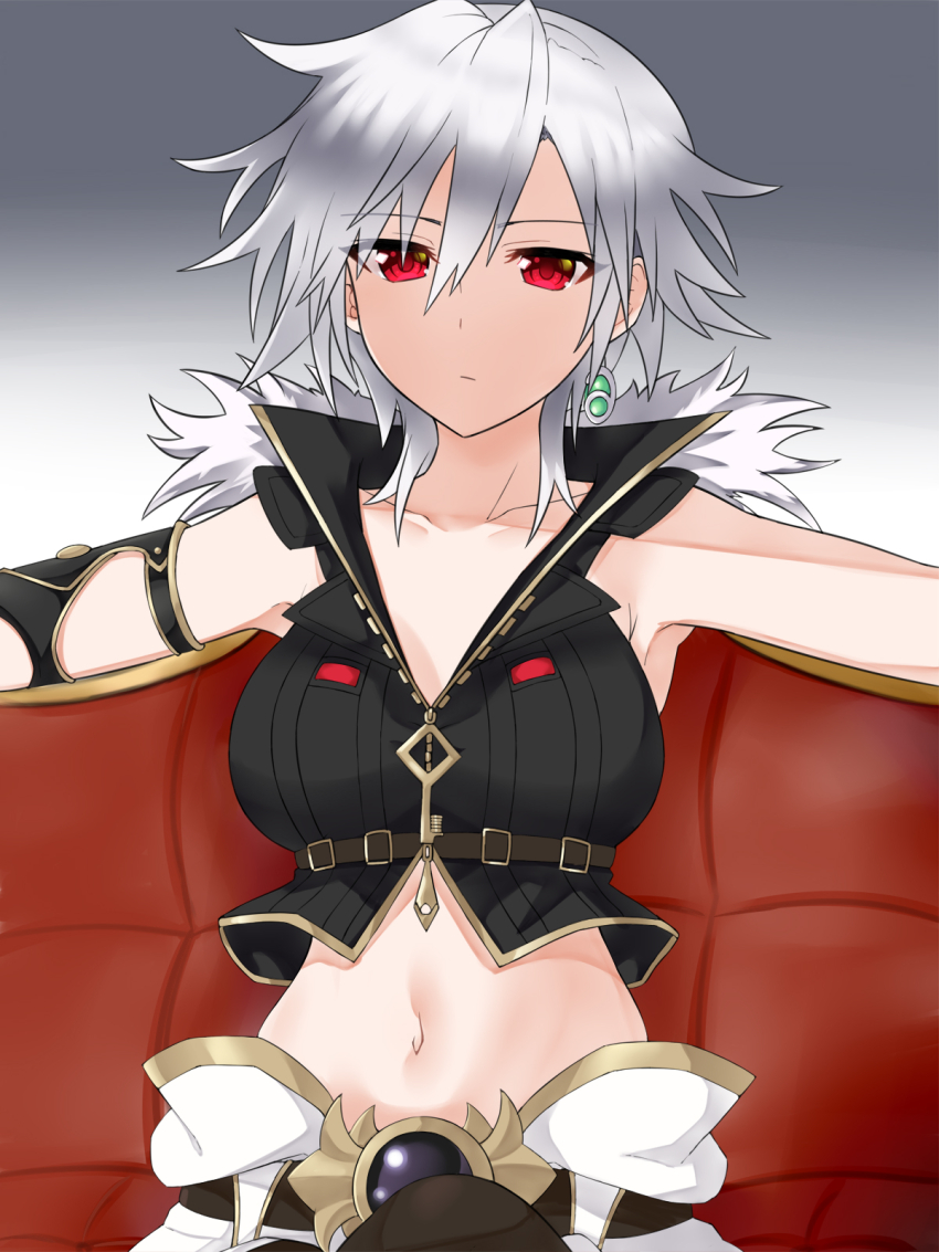 1girl blush breasts collarbone crop_top detached_sleeves grey_hair highres medium_breasts navel neptune_(series) paid_reward_available red_eyes s-sha shin_jigen_game_neptune_vii short_hair simple_background solo upper_body zatsu