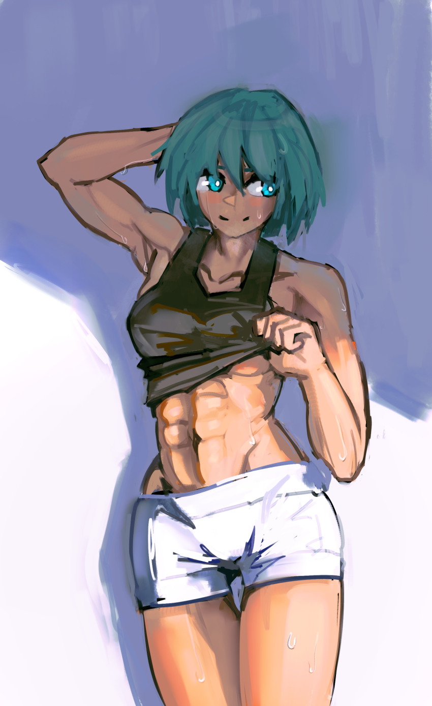 1girl abs absurdres blue_eyes blue_hair bob_cut breasts danboii highres looking_to_the_side medium_breasts muscular muscular_female sei_asagiri shadow shorts solo sweat tank_top toned underboob va-11_hall-a