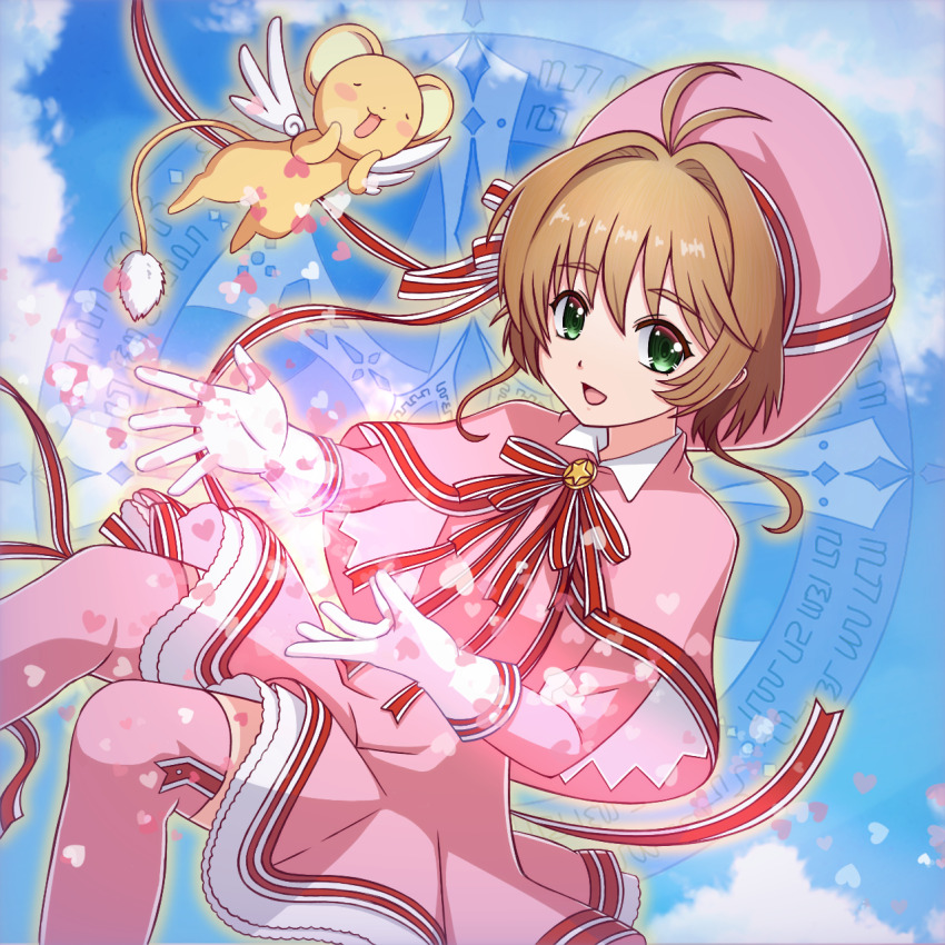 1girl antenna_hair beret brown_hair capelet cardcaptor_sakura cloud cloudy_sky creature dress dutch_angle frilled_dress frills gloves green_eyes hair_intakes hat heart highres kero_(cardcaptor_sakura) key_maxwell kinomoto_sakura kinomoto_sakura_(pink_ribbon_dress) looking_at_viewer neck_ribbon official_alternate_costume open_mouth pink_capelet pink_dress pink_hat pink_thighhighs red_ribbon ribbon short_hair sky smile solo thighhighs white_gloves zettai_ryouiki