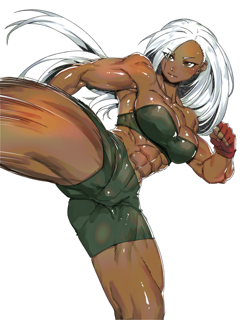 1girl abs absurdres black_shorts brown_eyes clenched_hand dark_skin fingerless_gloves gloves highres kicking long_hair minew muscular muscular_female short_shorts shorts simple_background smile solo sweat tank_top vanessa_lewis virtua_fighter white_background white_hair