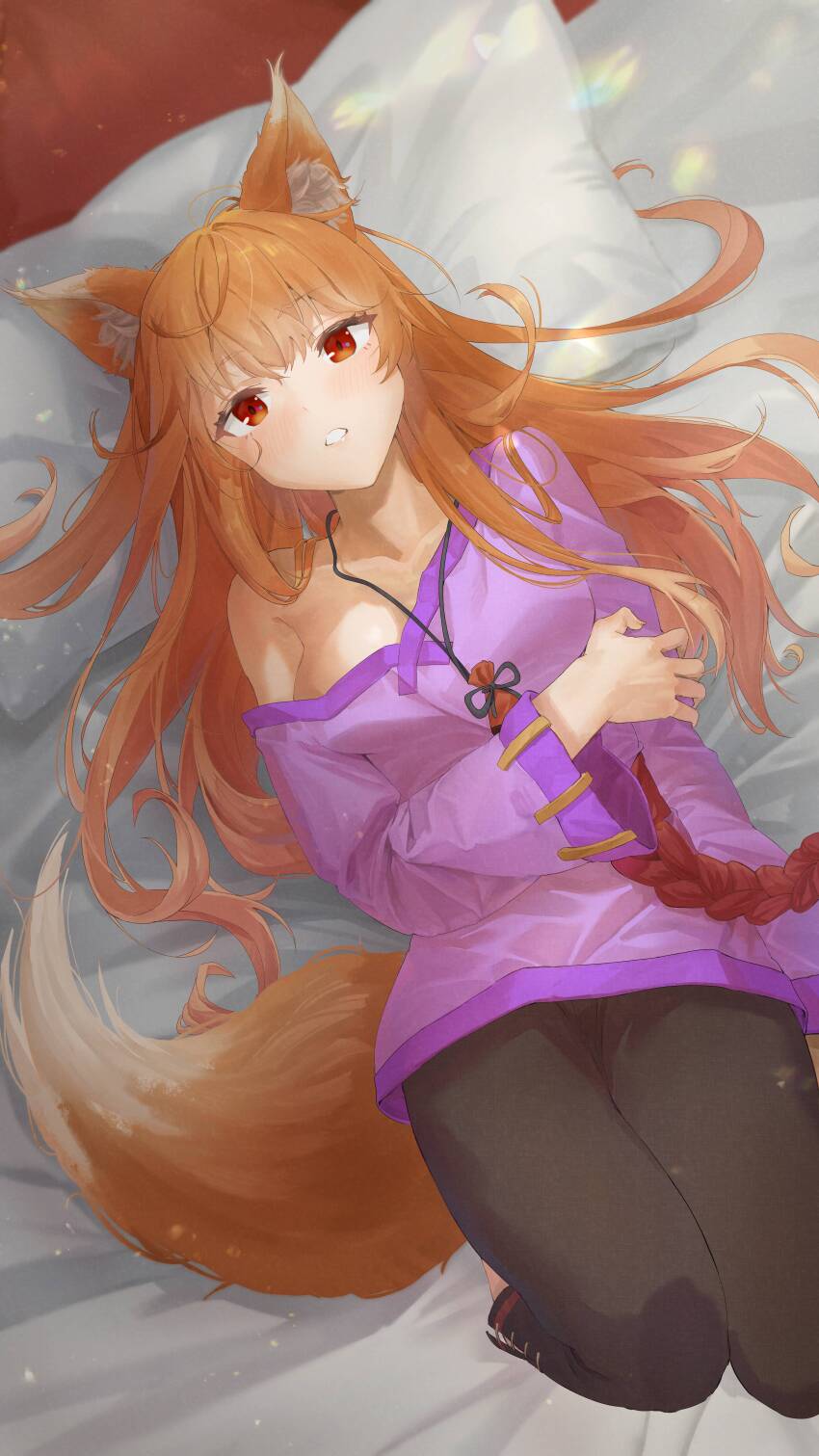 1girl absurdres animal_ears black_pants blush breasts brown_hair commission duang_(user_tsag8258) highres holo long_hair looking_at_viewer lying medium_breasts on_back on_bed open_mouth pants pixiv_commission pouch purple_shirt red_eyes shirt single_off_shoulder solo spice_and_wolf tail wolf_ears wolf_girl wolf_tail