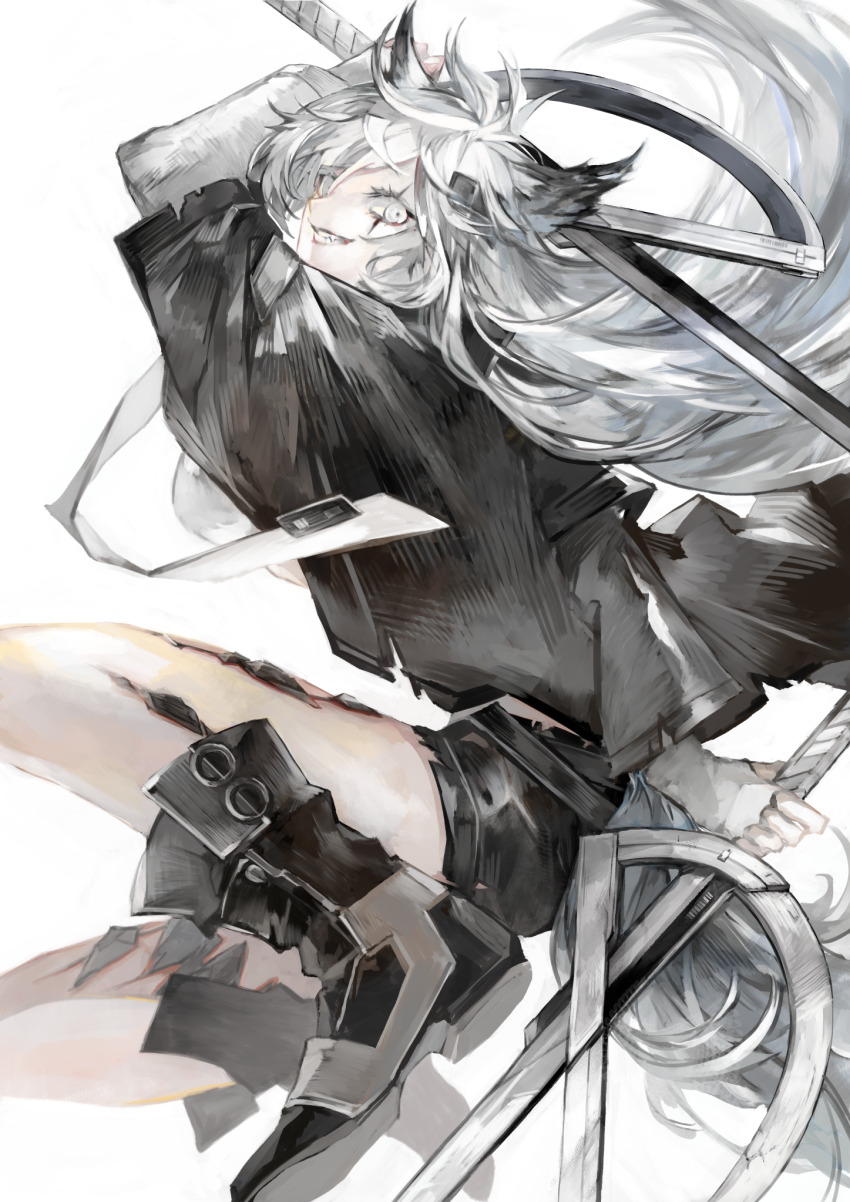 1girl animal_ears arknights black_boots black_jacket black_shorts boots fang gloves grey_eyes grey_hair hair_between_eyes hair_ornament hairclip highres holding holding_sword holding_weapon ika_syuri jacket lappland_(arknights) long_hair long_sleeves looking_at_viewer material_growth oripathy_lesion_(arknights) scar scar_across_eye shorts simple_background smile solo sword tail teeth weapon white_background wolf_ears wolf_girl wolf_tail