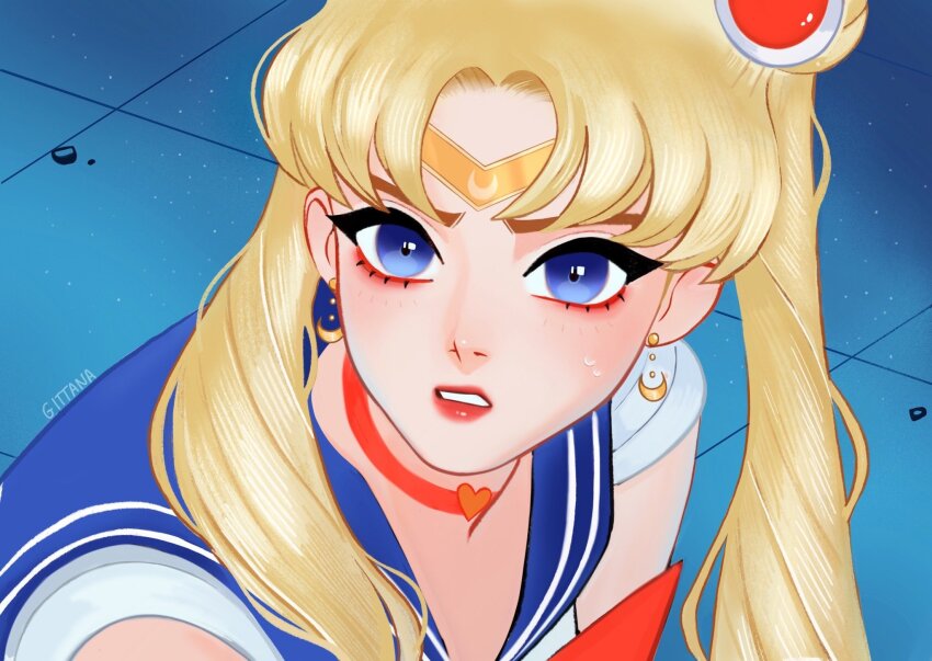 1girl artist_name bishoujo_senshi_sailor_moon blonde_hair blue_eyes blue_sailor_collar choker circlet close-up commentary crescent crescent_earrings derivative_work earrings english_commentary eyeliner gittanart highres jewelry magical_girl makeup mascara meme parted_lips red_choker red_lips sailor_collar sailor_moon sailor_moon_redraw_challenge_(meme) screenshot_redraw solo tsukino_usagi twintails