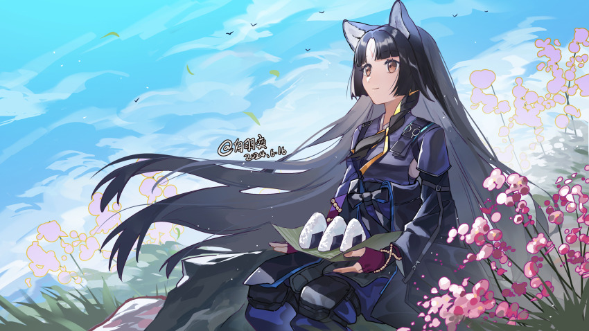 1girl absurdres animal_ears arknights armor baiyuyi beads black_hair blue_sky blunt_bangs brown_eyes closed_mouth commentary cowboy_shot dated day facial_mark fingerless_gloves flower food forehead_mark gloves hair_ribbon highres japanese_clothes knee_pads leaf light_particles long_hair looking_afar looking_ahead onigiri outdoors pink_flower pink_gloves plant ribbon saga_(arknights) simple_bird sitting sky smile solo wind yellow_ribbon