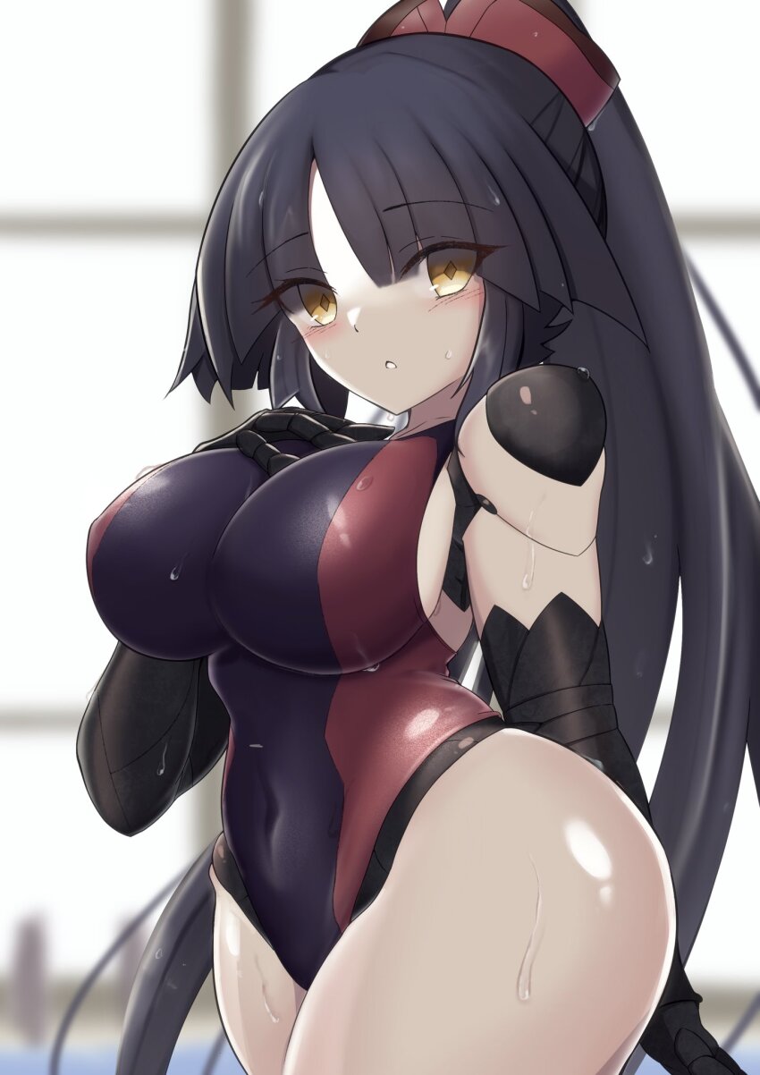 1girl black_hair blush breasts covered_navel diamond-shaped_pupils diamond_(shape) fate/grand_order fate_(series) hand_on_own_chest highres joints katou_danzou_(fate) large_breasts long_hair moyashi_(pixiv44153669) ponytail robot_joints symbol-shaped_pupils wet yellow_eyes