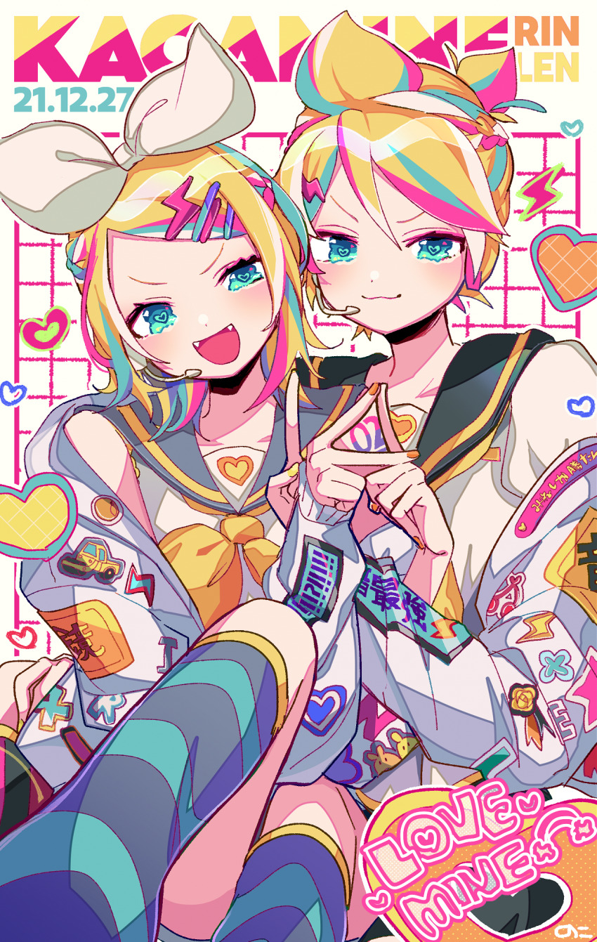 &gt;:) 1boy 1girl :3 :d aqua_eyes aqua_hair black_sailor_collar black_shorts blonde_hair bow bow_hairband braid character_name decora english_text fangs grey_sailor_collar hair_between_eyes hairband half_up_braid headset heart heart-shaped_pupils highres jacket kagamine_len kagamine_rin leg_warmers long_sleeves looking_at_viewer microphone multicolored_hair neon_palette nokodaru_marin open_mouth orange_nails parted_bangs pink_hair sailor_collar sailor_shirt shirt short_hair short_ponytail short_shorts shorts sleeveless sleeveless_shirt smile steamroller_sticker sticker streaked_hair symbol-shaped_pupils v-shaped_eyebrows vocaloid white_bow white_jacket yellow_nails