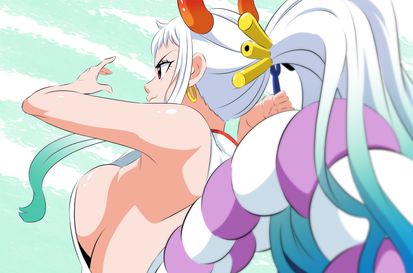 1girl breasts earrings fuchi_(nightmare) hair_ornament hair_stick hoop_earrings horns japanese_clothes jewelry kimono large_breasts long_hair one_piece red_horns rope shimenawa sideboob sleeveless solo upper_body white_hair yamato_(one_piece)