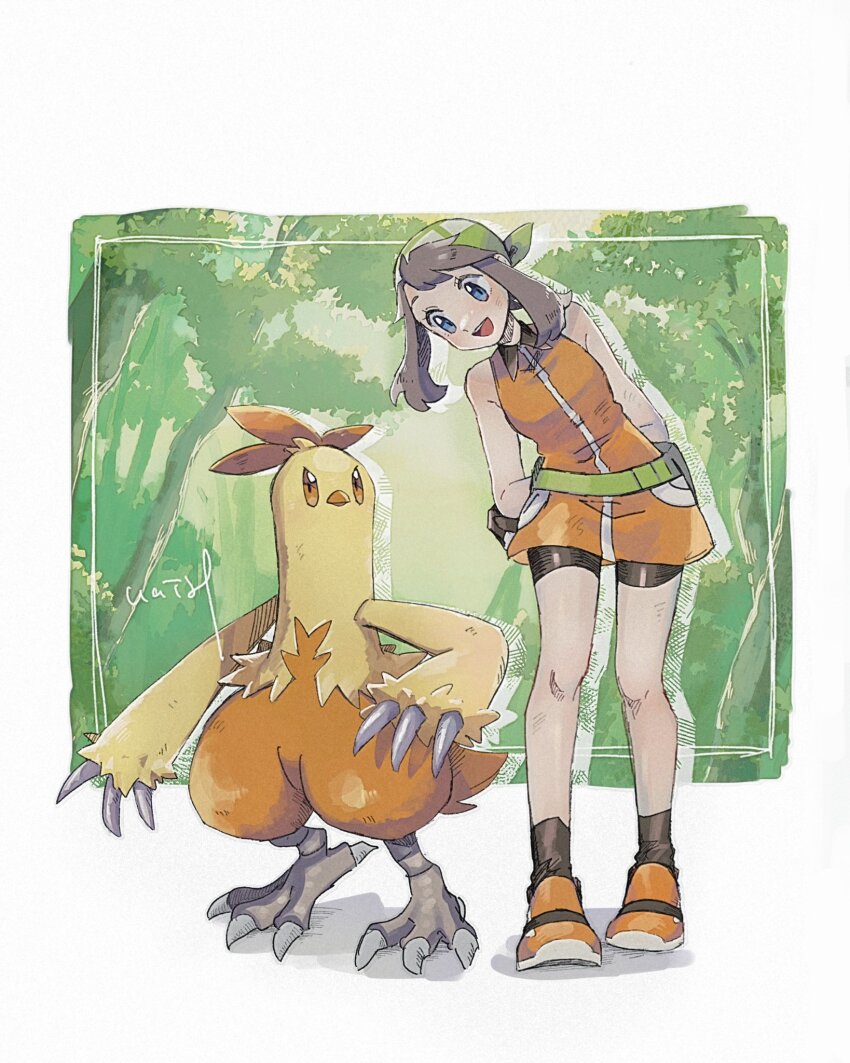 1girl :d bandana bike_shorts blue_eyes brown_hair combusken creatures_(company) dress fanny_pack game_freak gen_3_pokemon green_bag green_bandana hanenbo highres leaning_to_the_side looking_down may_(pokemon) nintendo open_mouth orange_dress orange_footwear pokemon pokemon_(creature) pokemon_emerald pokemon_rse shoes short_dress signature smile socks standing teeth tongue upper_teeth_only