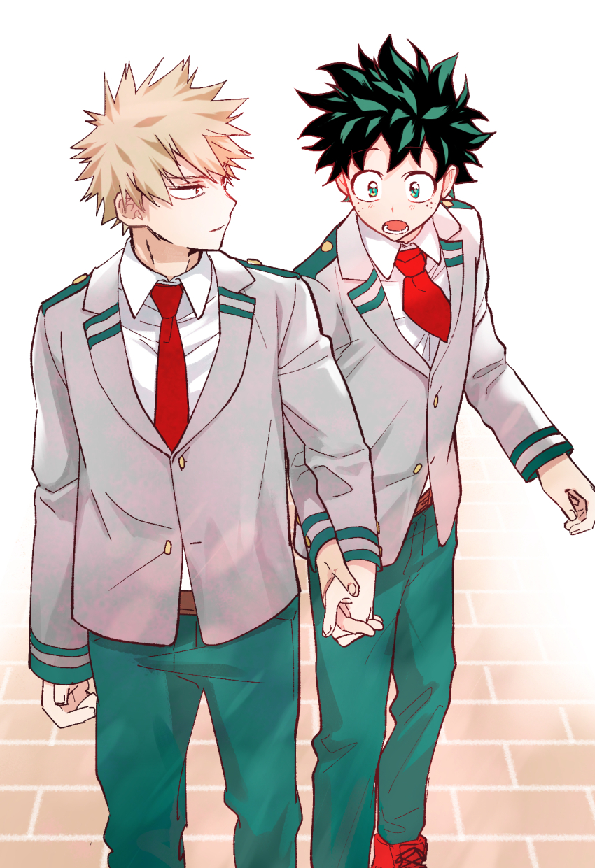 2boys aqua_eyes aqua_pants arm_at_side bakugou_katsuki belt blazer blonde_hair blush boku_no_hero_academia buttoned_cuffs buttons collared_shirt cross-laced_footwear double_horizontal_stripe feet_out_of_frame freckles green_hair grey_jacket highres hodu_(hodumha) holding_hands jacket jaggy_lines lapels light_smile long_sleeves looking_at_another looking_at_hands looking_back looking_down lower_teeth_only male_focus midoriya_izuku multiple_boys necktie notched_lapels open_mouth pants parted_lips partially_unbuttoned red_eyes red_necktie school_uniform shirt shoes short_hair sideways_mouth sneakers spiked_hair teeth turning_head u.a._school_uniform unbuttoned_jacket walking white_shirt wide-eyed wing_collar