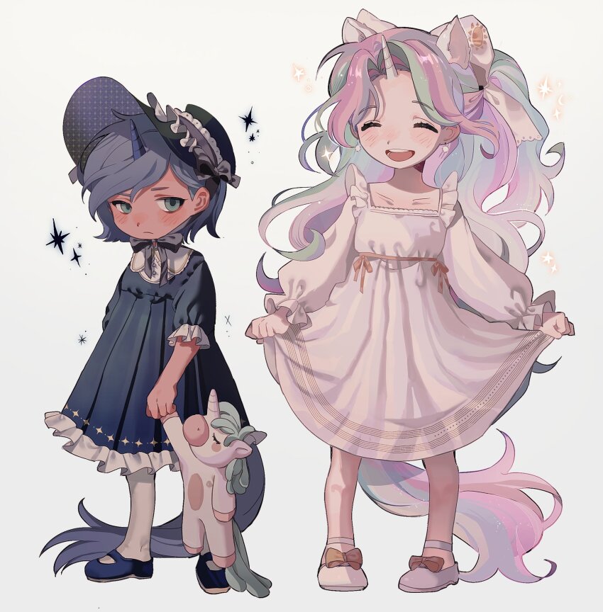 2girls :d ^_^ absurdly_long_hair aged_down animal_ears black_bow black_dress black_footwear black_hat blush bonnet bow brown_bow child closed_eyes closed_mouth commentary dark-skinned_female dark_skin dress earrings footwear_bow frilled_bonnet frilled_dress frilled_sleeves frills frown full_body green_eyes green_hair grey_background grey_hair hair_behind_ear hair_bow hat highres holding holding_stuffed_toy horse_ears jewelry long_hair long_sleeves looking_at_viewer mary_janes memoji_7672 multicolored_hair multiple_girls my_little_pony my_little_pony:_friendship_is_magic open_mouth pantyhose pigeon-toed pink_hair pom_pom_(clothes) pom_pom_earrings princess_celestia princess_luna puffy_long_sleeves puffy_short_sleeves puffy_sleeves round_teeth shoes short_sleeves siblings simple_background sisters smile sparkle standing stuffed_toy stuffed_unicorn teeth tongue unicorn_girl unicorn_horn very_long_hair white_bow white_dress white_footwear white_pantyhose