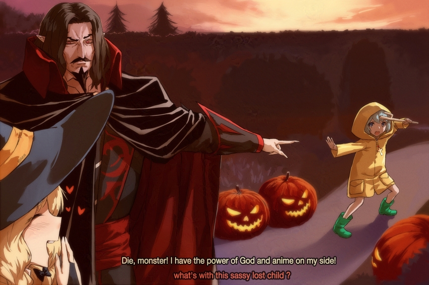 1boy 2girls blue_eyes blue_hair castlevania_(series) crossover dracula_(castlevania) halloween highres jubilee_2025 luce_(jubilee_2025) meme multiple_girls vampire