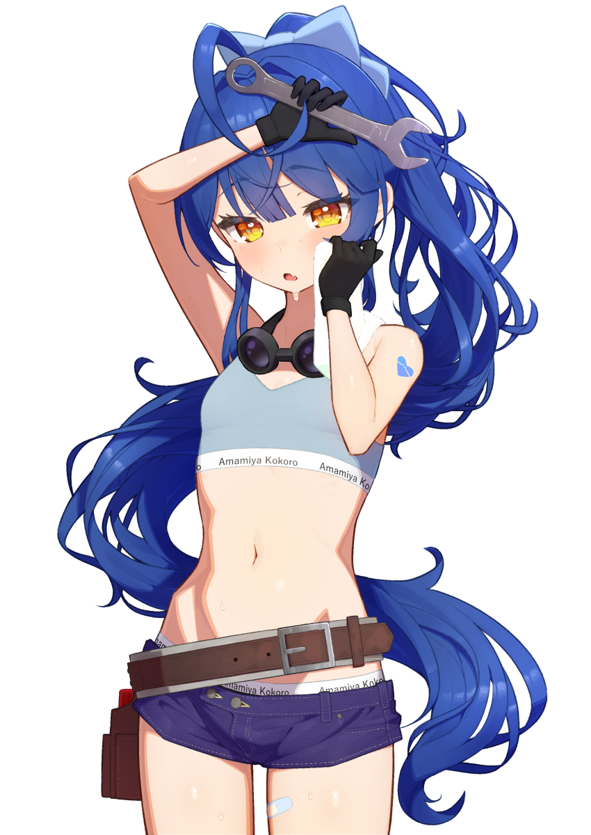 1girl absurdres ahoge alternate_costume alternate_hairstyle amamiya_kokoro arm_tattoo arm_up bandaid_on_thigh bare_shoulders belt belt_buckle blue_shorts blush brown_belt buckle character_name commentary_request cowboy_shot fang flat_chest goggles goggles_around_neck grey_sports_bra heart heart_tattoo highres holding holding_wrench long_hair looking_down lunch_boxer midriff navel nijisanji open_mouth orange_eyes ponytail short_shorts shorts simple_background skin_fang solo sports_bra stomach tattoo towel virtual_youtuber white_background white_towel wiping_sweat wrench