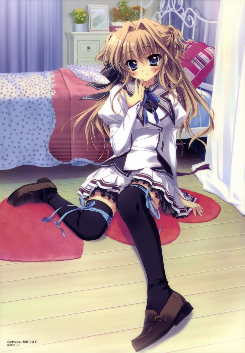 1girl absurdres arm_support bed black_thighhighs blue_eyes female_focus hair_intakes hair_ribbon highres izumi_tsubasu leg_ribbon loafers mashiroiro_symphony ribbon school_uniform sena_airi shitajiki shoes sitting solo thigh_ribbon thighhighs two_side_up zettai_ryouiki