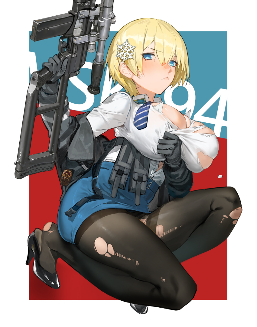 1girl arms_up black_gloves blonde_hair blouse blue_eyes blush breasts commentary_request covering_privates covering_breasts finger_on_trigger flying_button framed girls&#039;_frontline gloves gun hair_ornament high_heels highres holding_hands inconvenient_breasts jacket kare_huang kneeling large_breasts long_sleeves mole mole_under_eye necktie off_shoulder on_one_knee pantyhose pencil_skirt popped_button pout rifle shirt shirt_tucked_in short_hair skindentation skirt sniper_rifle snowflake_hair_ornament solo thighband_pantyhose torn_clothes torn_pantyhose vsk-94 vsk-94_(girls&#039;_frontline) weapon