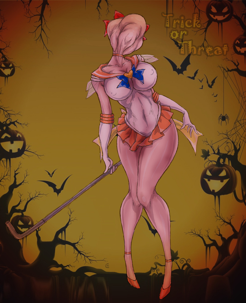 1girl bishoujo_senshi_sailor_moon blue_ribbon breasts bubble_head_nurse cleavage cosplay covered_navel crossover curvy elbow_gloves english_text faceless faceless_female full_body gloves halloween_costume hat highres holding holding_weapon large_breasts magical_girl marubayashi_shumaru miniskirt monster_girl no_eyes nurse nurse_(silent_hill) nurse_cap red_ribbon ribbon sailor_venus sailor_venus_(cosplay) shiny_skin silent_hill silent_hill_(series) silent_hill_2 simple_background skirt solo standing weapon white_gloves wide_hips