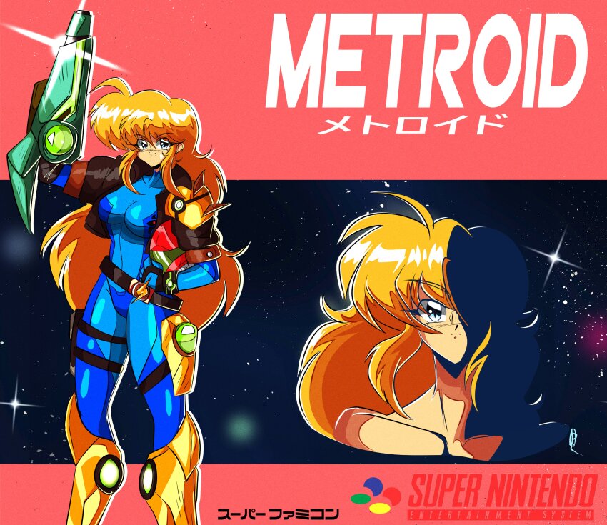 1990s_(style) 1girl absurdres alternate_costume arm_cannon arm_up armor blonde_hair blue_bodysuit bodysuit collarbone commentary copyright_name english_commentary game_console hand_on_own_hip highres long_hair looking_at_viewer metroid multiple_views nintendo peachyboi retro_artstyle samus_aran shaded_face shoulder_armor sky smile star_(sky) starry_sky super_metroid super_nintendo upper_body varia_suit weapon zero_suit