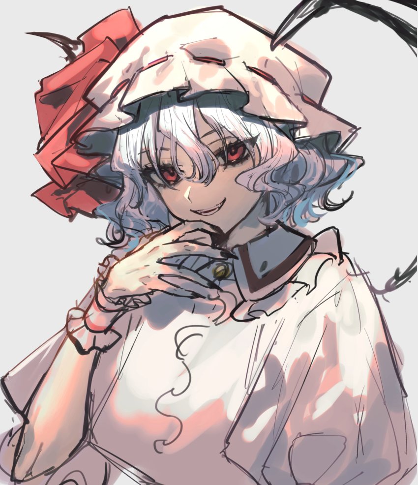 1girl absurdres black_nails collared_shirt commentary fingernails frilled_shirt_collar frills hair_between_eyes hand_up hat hat_ribbon highres light_purple_hair looking_at_viewer marimo_tarou mob_cap nail_polish parted_lips pink_hat pink_shirt red_eyes red_ribbon remilia_scarlet ribbon sharp_fingernails shirt short_hair sketch smile solo teeth touhou tsurime upper_body wrist_cuffs