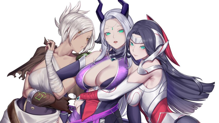 3girls bandaged_arm bandages black_hair breasts cleavage green_eyes grey_hair highres horns hug irelia kumiko_shiba league_of_legends looking_at_viewer multiple_girls open_mouth riven_(league_of_legends) upper_body white_background white_hair yuri