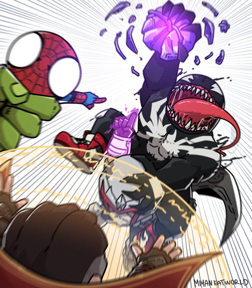 animal_print bodysuit brown_hair chibi doctor_strange highres long_tongue magic magnetism magneto male_focus marvel marvel_rivals mask meme miyan_(oceanmaiden) monster_boy multiple_boys muscular muscular_male open_mouth red_bodysuit sharp_teeth short_hair spider-man spider-man_(series) spider_print spider_web_print superhero_costume symbiote teeth tongue two-tone_bodysuit venom_(marvel) very_long_tongue x-men