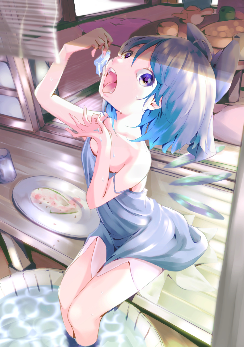 1girl absurdres arm_up bare_shoulders basin blue_bow blue_dress blue_eyes blue_hair bow cirno collarbone commentary_request dress eating feet_out_of_frame flat_chest food hair_between_eyes hair_bow hand_up highres holding holding_food huge_filesize ice ice_wings jako_nasuki looking_at_viewer open_mouth popsicle sitting soaking_feet solo spaghetti_strap strap_slip sweat tongue touhou wings