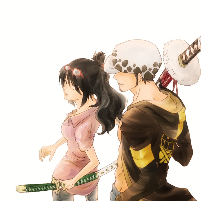 1boy 1girl eyewear_on_head glasses hair_bun hat highres jacket jolly_roger katana kikoku one_piece ootachi open_clothes open_shirt pink_shirt pirate shigure_(one_piece) shirt single_hair_bun sorayutaka sword tashigi trafalgar_law weapon