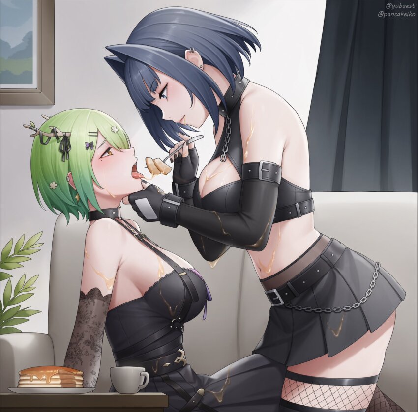 2girls alternate_costume antlers bare_shoulders black_dress black_hair black_shirt black_skirt blue_eyes breasts ceres_fauna ceres_fauna_(goth) cleavage commission couch cropped_shirt dress ear_piercing feeding from_side green_hair hair_intakes highres hololive hololive_english horns large_breasts maple_syrup miniskirt multiple_girls official_alternate_costume open_mouth ouro_kronii piercing pleated_skirt second-party_source shirt short_hair sitting skirt syrup tongue tongue_out virtual_youtuber yellow_eyes yubaest yuri