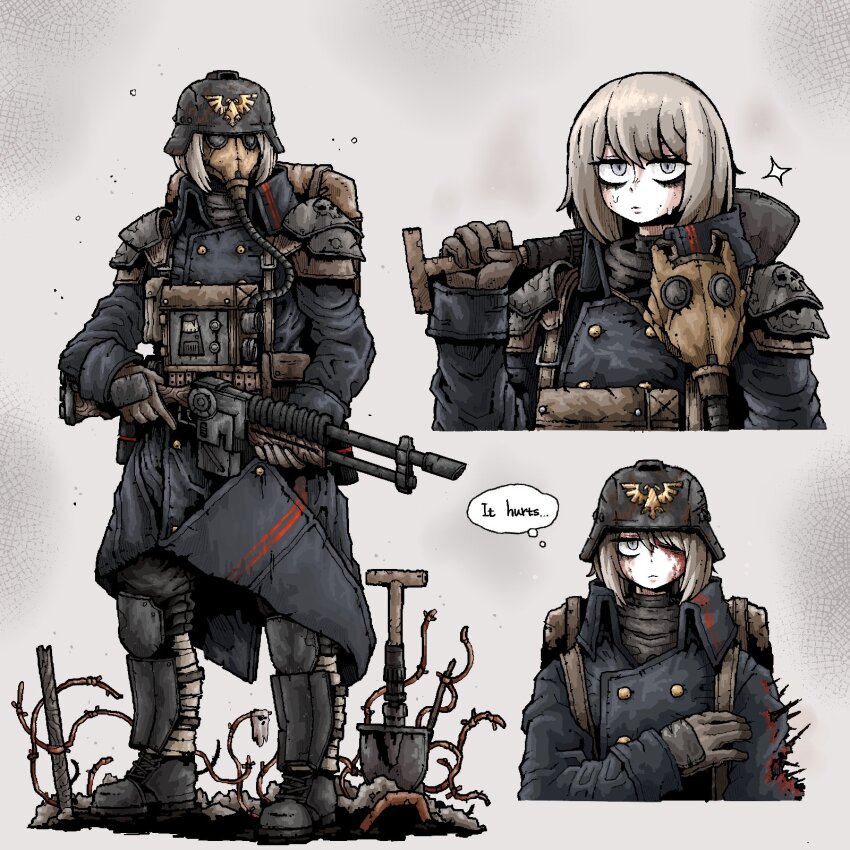 1girl armor black_headwear black_jacket black_pants blue_eyes combat_helmet death_korps_of_krieg english_text gas_mask gradient_background gun helmet highres imperial_german_flag jacket light_machine_gun m1918_bar machine_gun mask octosoup original pants shoulder_armor solo speech_bubble steampunk warhammer_40k weapon white_background white_hair