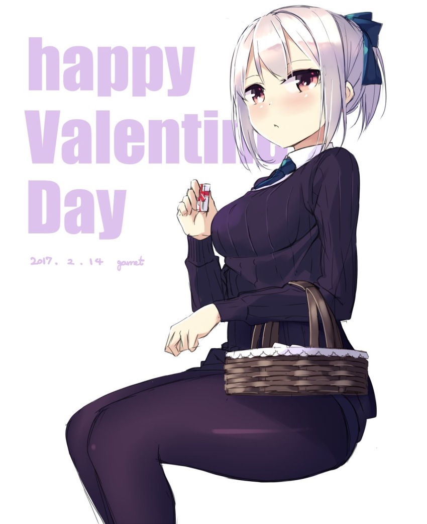 1girl brown_eyes female_focus garnet highres original pantyhose short_hair silver_hair simple_background sitting solo valentine