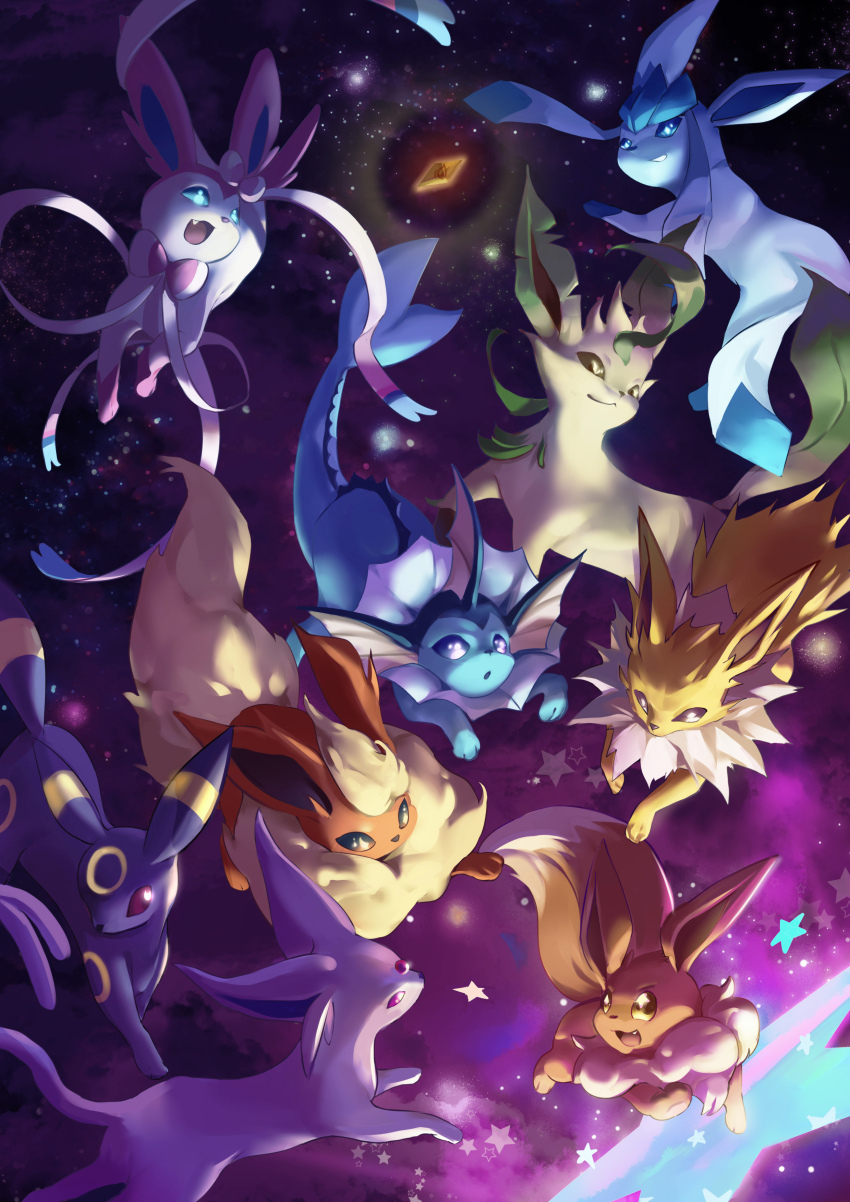 absurdres blonde_hair blue_hair bow brown_eyes closed_mouth creatures_(company) eevee espeon evolutionary_line fang fins flareon forehead_jewel game_freak gen_1_pokemon gen_2_pokemon gen_4_pokemon gen_6_pokemon glaceon highres jolteon leafeon maigandayo nintendo no_humans pokemon pokemon_(creature) purple_eyes purple_hair ribbon sidelocks smile sylveon umbreon vaporeon