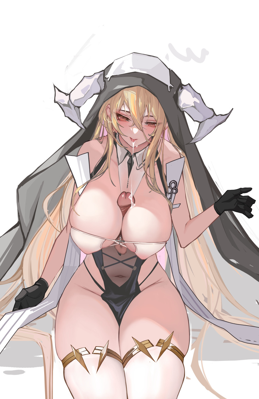 1girl absurdres azur_lane bare_shoulders black_gloves blonde_hair breasts chinese_commentary cleavage covered_erect_nipples covered_navel cum cum_in_mouth disembodied_penis fake_horns gloves hair_between_eyes highres horns implacable_(azur_lane) large_breasts long_hair long_hair_between_eyes paizuri panty_straps pelvic_curtain penis red_eyes revealing_clothes simple_background sitting solo thighhighs two-tone_dress variant_set veil very_long_hair white_background white_horns white_thighhighs yaoshan_shi