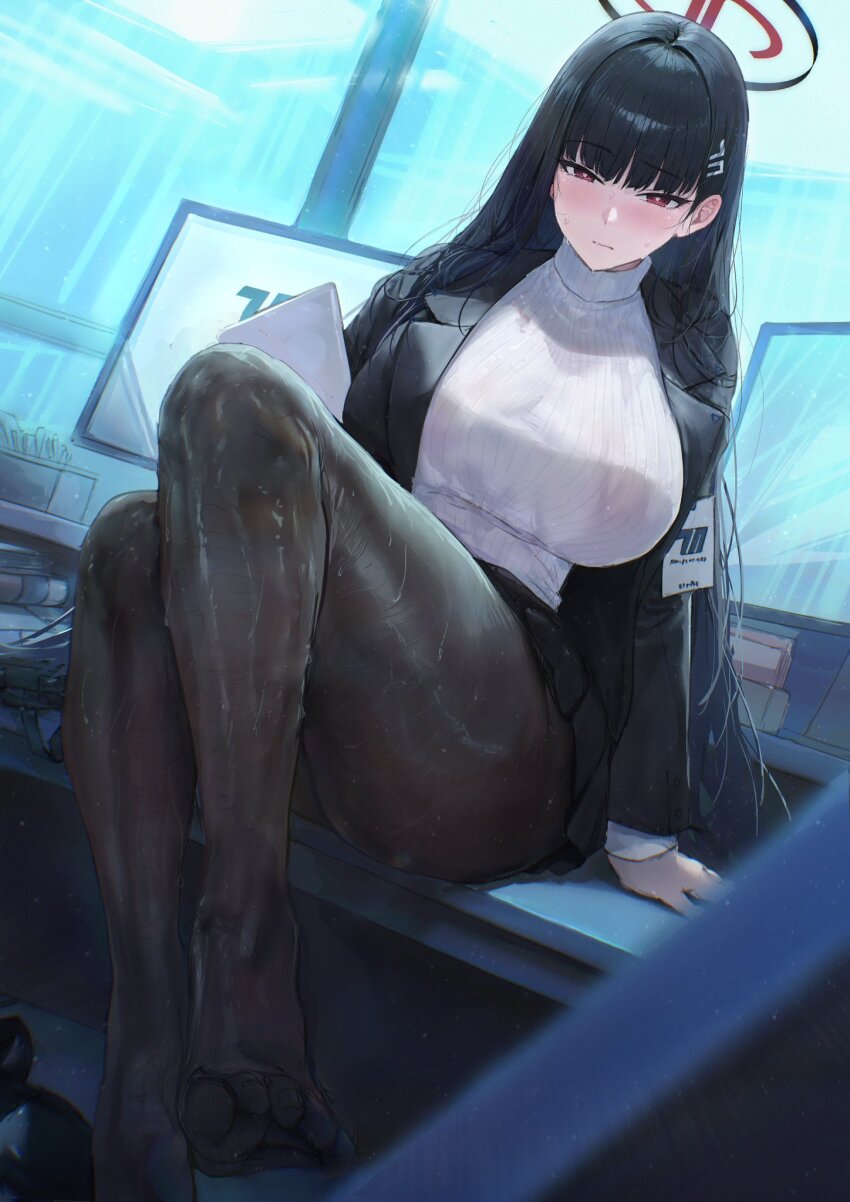 1girl akita_hika black_hair black_jacket black_pantyhose black_skirt blue_archive blush breasts closed_mouth commentary_request full_body halo highres jacket large_breasts long_hair long_sleeves looking_at_viewer monitor pantyhose pleated_skirt red_eyes rio_(blue_archive) sitting skirt solo sweater thighs turtleneck turtleneck_sweater white_sweater