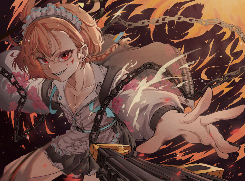 1girl apron blue_archive braid breasts chain cleavage fire flat_chest floral_print grin gun gyu_chul hair_between_eyes highres jacket looking_at_viewer maid_apron maid_headdress neru_(blue_archive) red_eyes red_hair smile solo submachine_gun sukajan teeth weapon