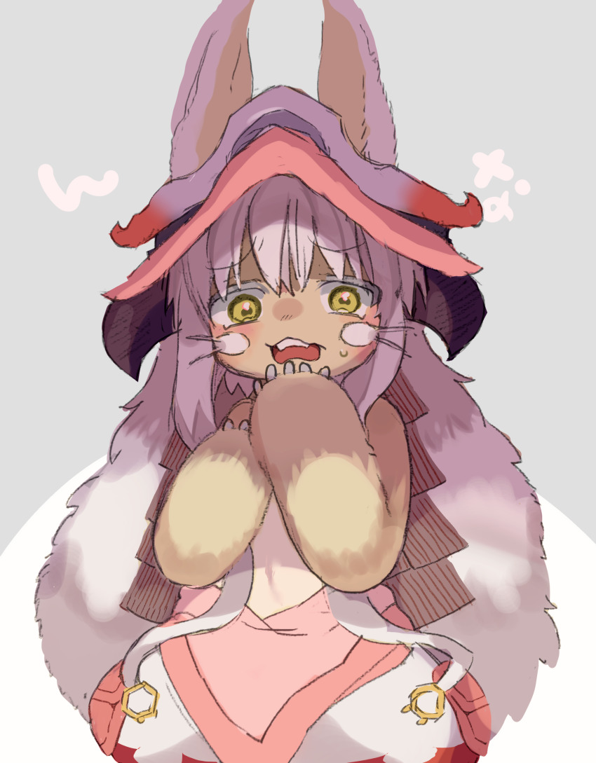 1other absurdres androgynous brown_fur ears_through_headwear fake_horns furry helmet highres horizontal_pupils horned_helmet horns made_in_abyss nanachi_(made_in_abyss) noamem open_mouth other_focus solo sweatdrop whiskers white_hair yellow_eyes