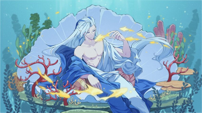 1boy asymmetrical_bangs blue_hair blue_robe clam closed_mouth collarbone commentary coral english_commentary fish floating_hair genshin_impact giant_clam hand_up kelp long_hair lucylee158 male_focus multicolored_hair neuvillette_(genshin_impact) nipples parted_bangs pectorals pointy_ears purple_eyes robe seaweed single_bare_shoulder sitting smile solo streaked_hair underwater very_long_hair white_hair white_robe