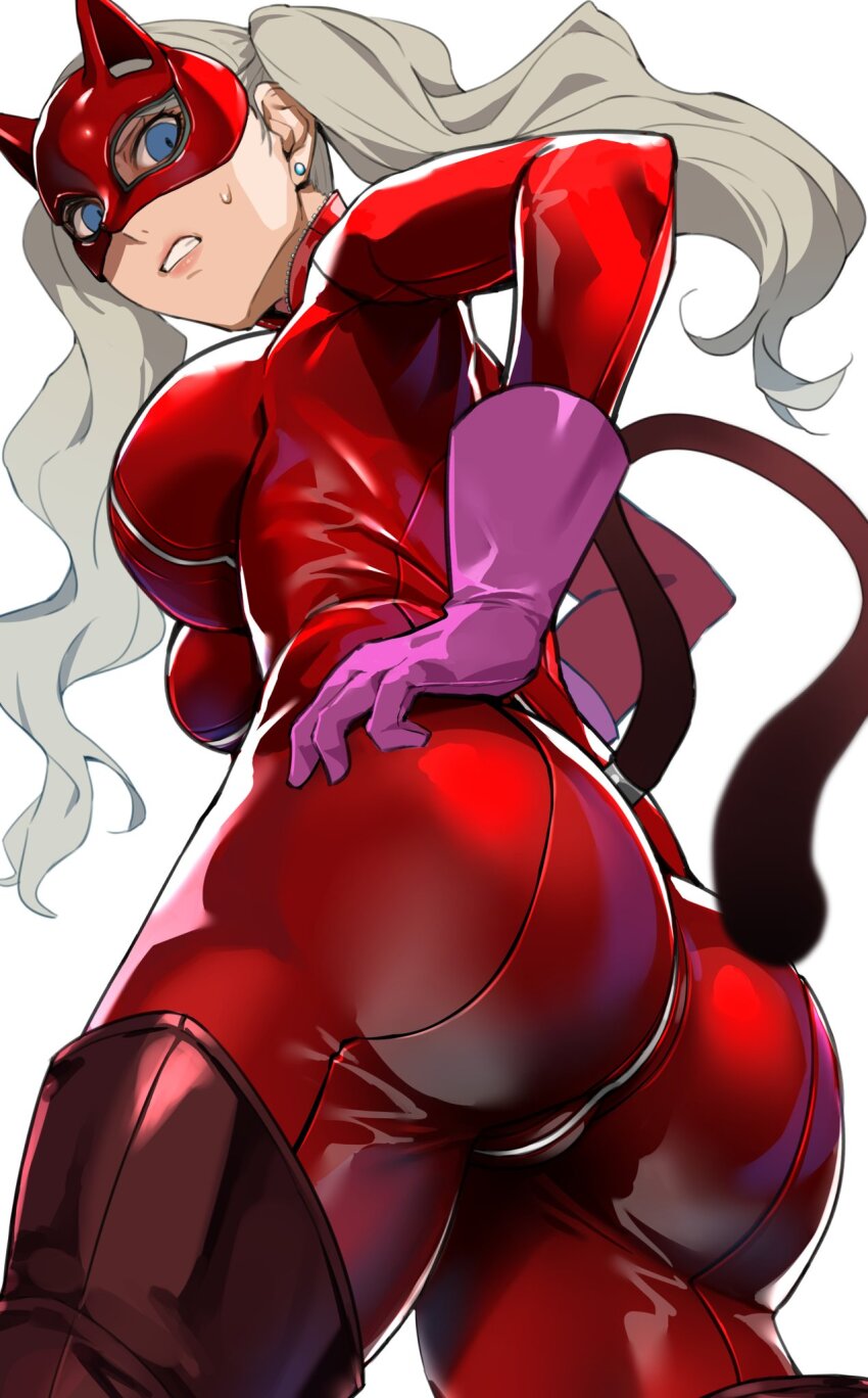 1girl ass ass_focus blue_eyes bodysuit breasts cameltoe clenched_teeth embarrassed from_behind from_below gloves highres huge_ass large_breasts light_brown_hair long_hair looking_back looking_down persona persona_5 red_bodysuit satoriwappa skin_tight solo sweatdrop tail takamaki_anne teeth twintails very_long_hair