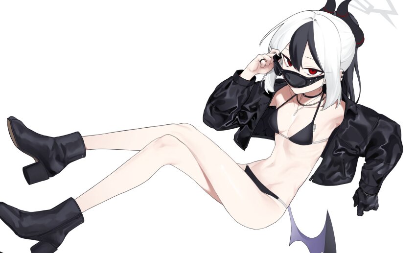 1girl bikini black_bikini black_choker black_footwear black_gloves black_hair black_horns black_jacket blue_archive boots breasts choker crossed_legs fataaa full_body gloves grey_halo hair_between_eyes halo high_heel_boots high_heels highres horns jacket kayoko_(blue_archive) long_sleeves looking_at_viewer multicolored_hair red_eyes simple_background single_glove single_wing small_breasts solo sunglasses swimsuit two-tone_hair white_background white_hair wings