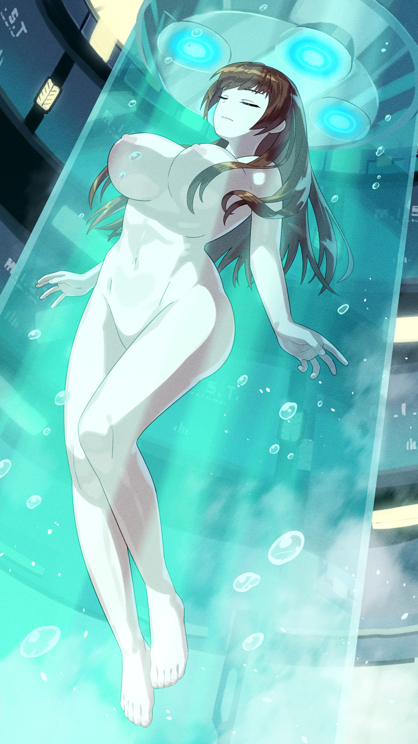 1girl barefoot breasts brown_hair bubble closed_eyes closed_mouth commentary_request commission completely_nude dead_or_alive dead_or_alive_6 feet full_body highres indoors kasumi_(doa) laboratory large_breasts liquid long_hair navel nude science_fiction skeb_commission solo stasis_tank submerged toes tube vat yagi2013