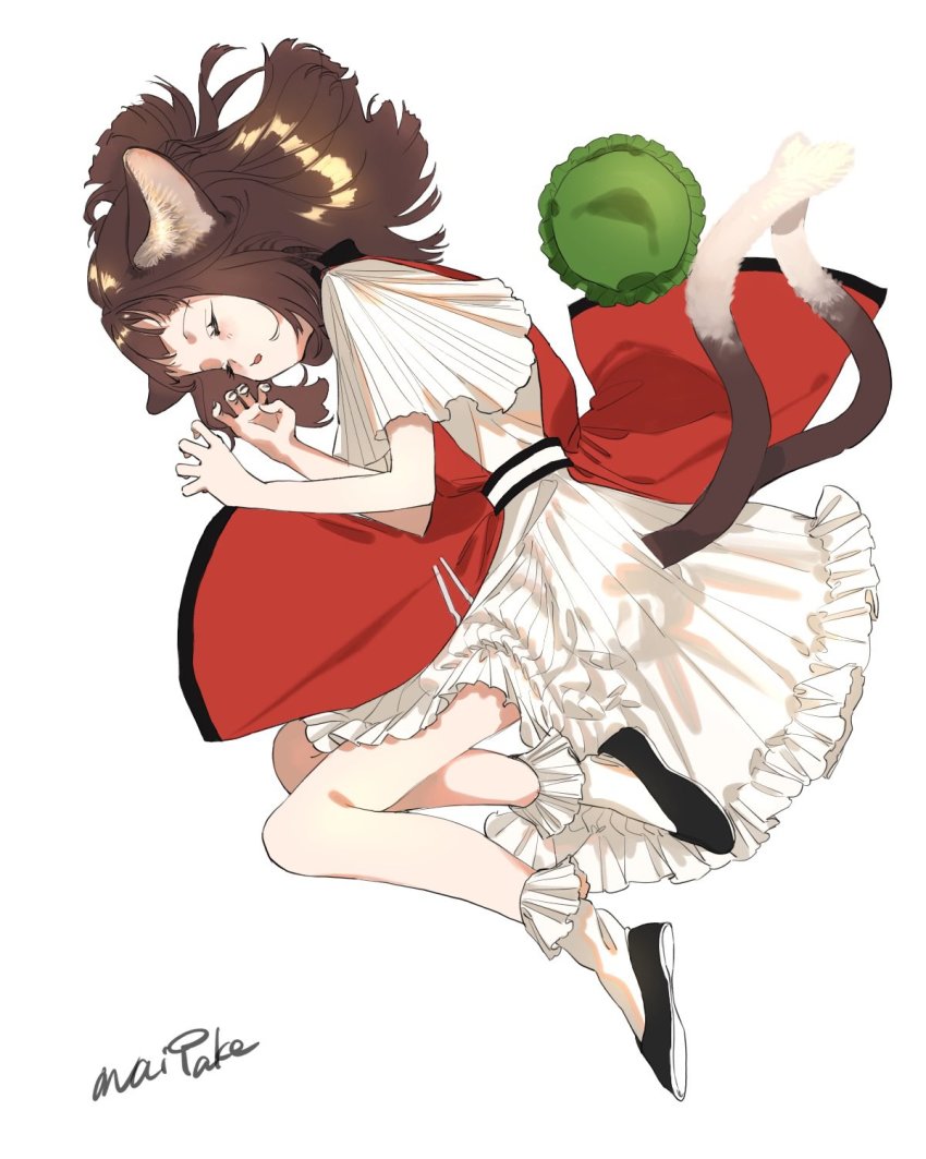 1girl animal_ear_fluff animal_ears black_footwear bobby_socks brown_hair cat_ears cat_girl chen closed_eyes dress foul_detective_satori full_body green_hat hair_spread_out hat highres long_hair lying maitenn03 mob_cap multiple_tails on_side open_mouth red_dress short_sleeves simple_background sleeping socks solo tail touhou two_tails unworn_hat unworn_headwear white_background white_socks wide_sleeves