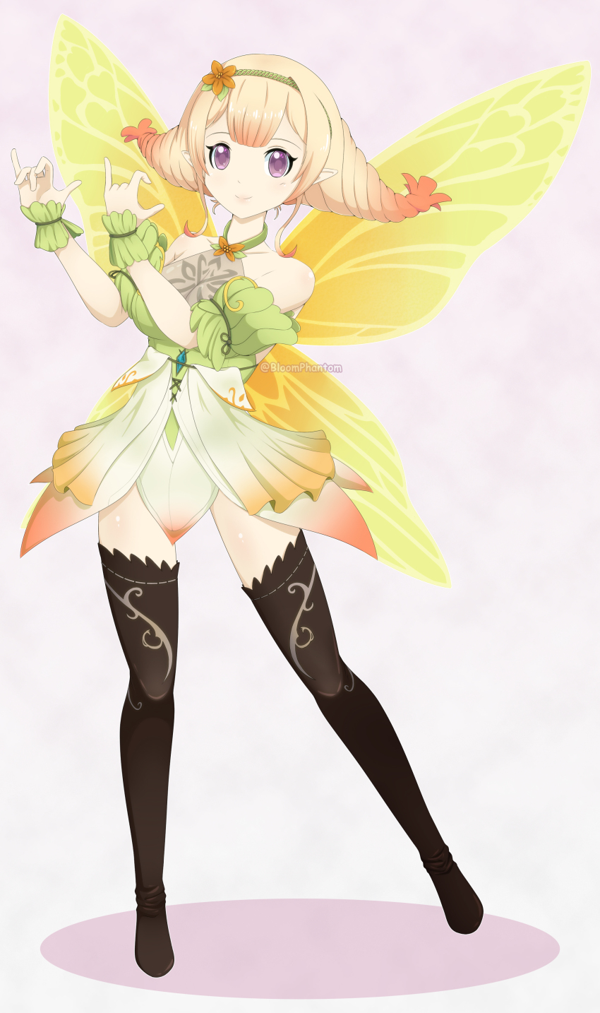 1girl absurdres armor bare_shoulders black_thighhighs blonde_hair blophan bracelet butterfly_wings fairy fairy_wings fire_emblem fire_emblem_heroes folkvangr gradient_clothes gradient_hair halterneck highres insect_wings jewelry leaf_bracelet multicolored_hair nintendo orange_hair peony_(fire_emblem) plant_hair pointy_ears purple_eyes scale_armor sidelocks thighhighs two-tone_hair wings wrist_wrap