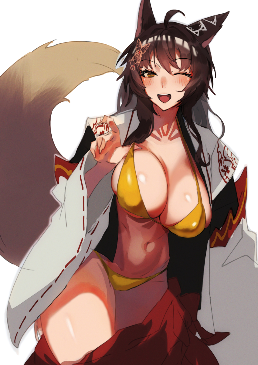 1girl ;d ahoge animal_ears blush bra breasts brown_eyes brown_hair butterfly_hair_ornament cleavage fox_ears fox_tail fumi_(nijisanji) hair_ornament hakama hakama_pull hakama_skirt highres japanese_clothes large_breasts long_hair looking_at_viewer murechika navel nijisanji one_eye_closed open_clothes open_mouth panties red_hakama ribbon-trimmed_sleeves ribbon_trim simple_background skirt smile solo stomach tail teeth underwear upper_teeth_only virtual_youtuber white_background wide_sleeves yellow_bra yellow_panties