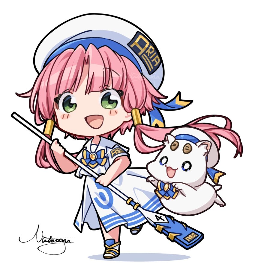 1girl :d aria_(manga) aria_company_uniform aria_pokoteng beret blue_bow blue_bowtie blue_ribbon blush bow bowtie cat chibi dress eyelashes full_body gold_trim green_eyes hair_tubes hat hat_ribbon highres holding holding_oar looking_at_viewer mizunashi_akari nut_megu oar open_mouth parted_bangs pink_hair ribbon sailor_collar shadow short_hair_with_long_locks short_sleeves side_slit signature simple_background smile white_background white_cat white_dress